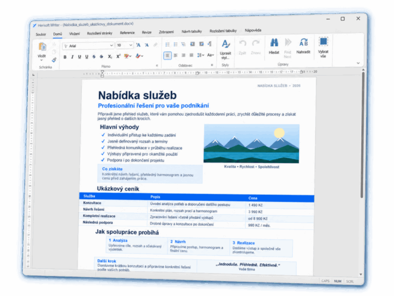 Herisoft Writer – hlavní okno textového procesoru pro Windows