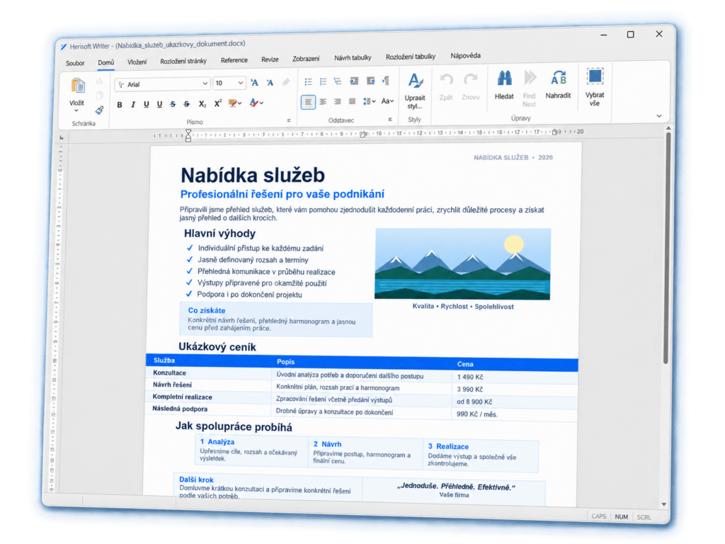 Herisoft Writer – hlavní okno textového procesoru pro Windows