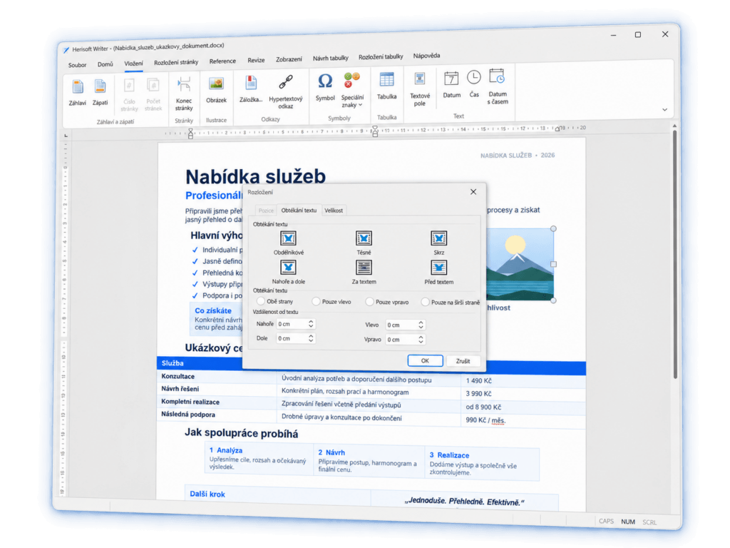 Herisoft Writer – nastavení obrázku v dokumentu