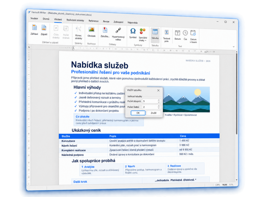 Herisoft Writer – vložení tabulky do dokumentu