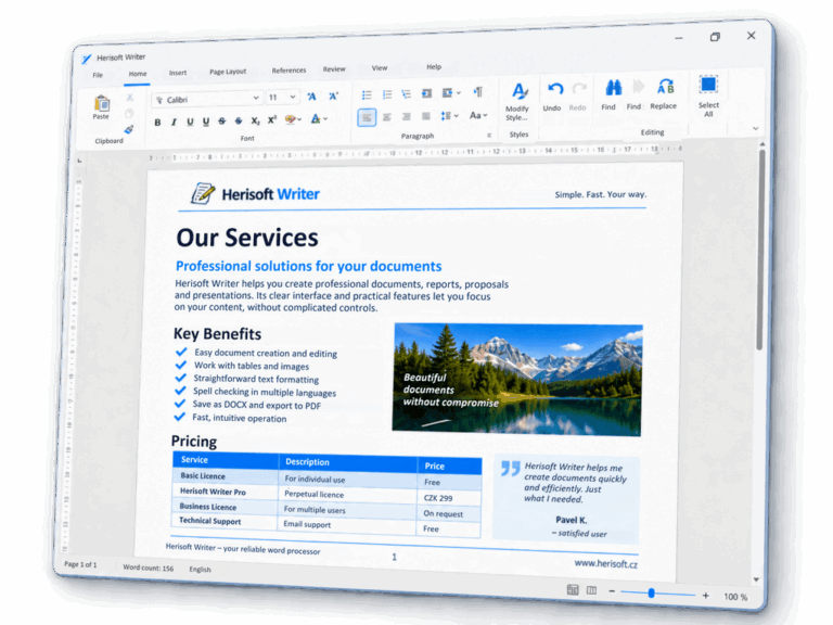 Open a DOCX file without Microsoft Word using Herisoft Writer on Windows