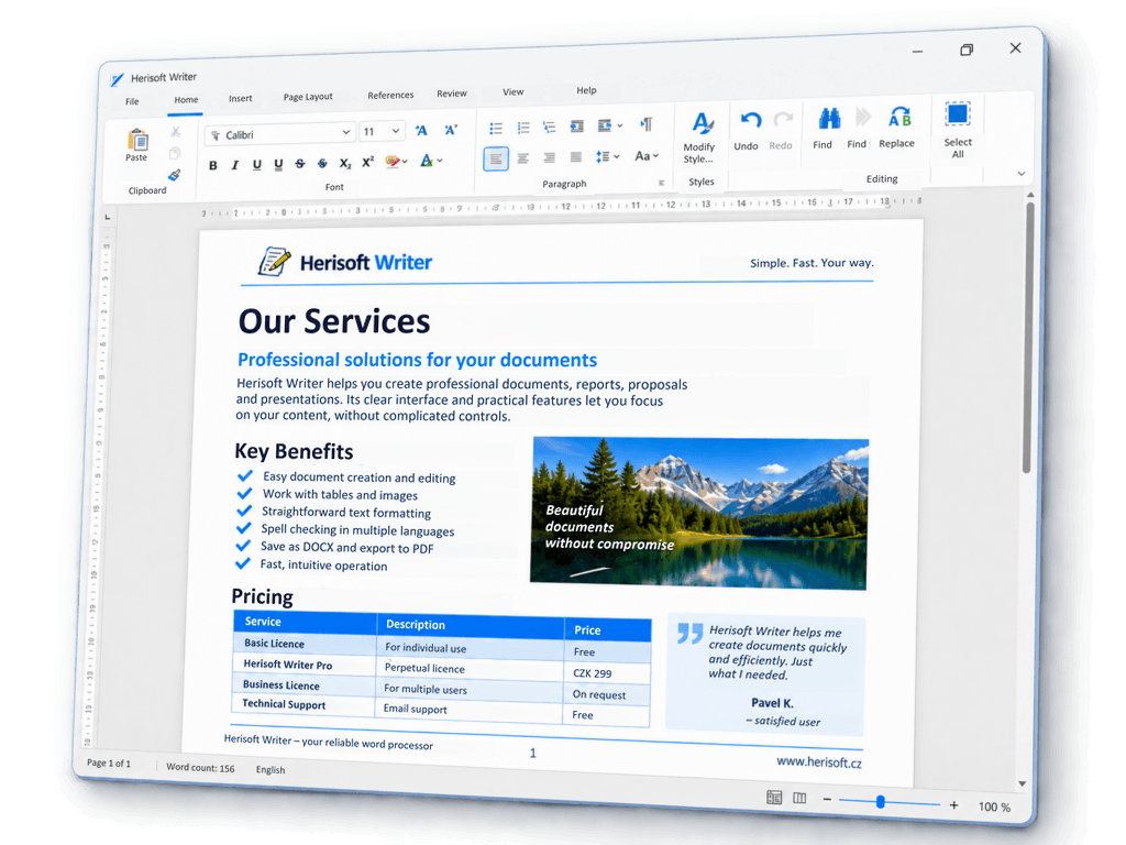 Open a DOCX file without Microsoft Word using Herisoft Writer on Windows
